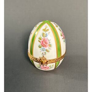 Limoges Egg-shaped Porcelain Trinket Box - French Rose, hand-enhanced floral